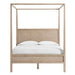 Front view of Crate & Barrel Keane Weathered Natural Solid Wood Queen Canopy Bed featuring a solid wood headboard and sleek canopy frame