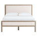 Front view of Crate & Barrel Keane Weathered Natural Wood Upholstered Queen Bed with cream upholstered panels and a weathered natural wood frame