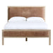 Front view of Crate & Barrel Keane Weathered Natural Wood and Leather Queen Bed with brown leather panels framed by weathered natural wood