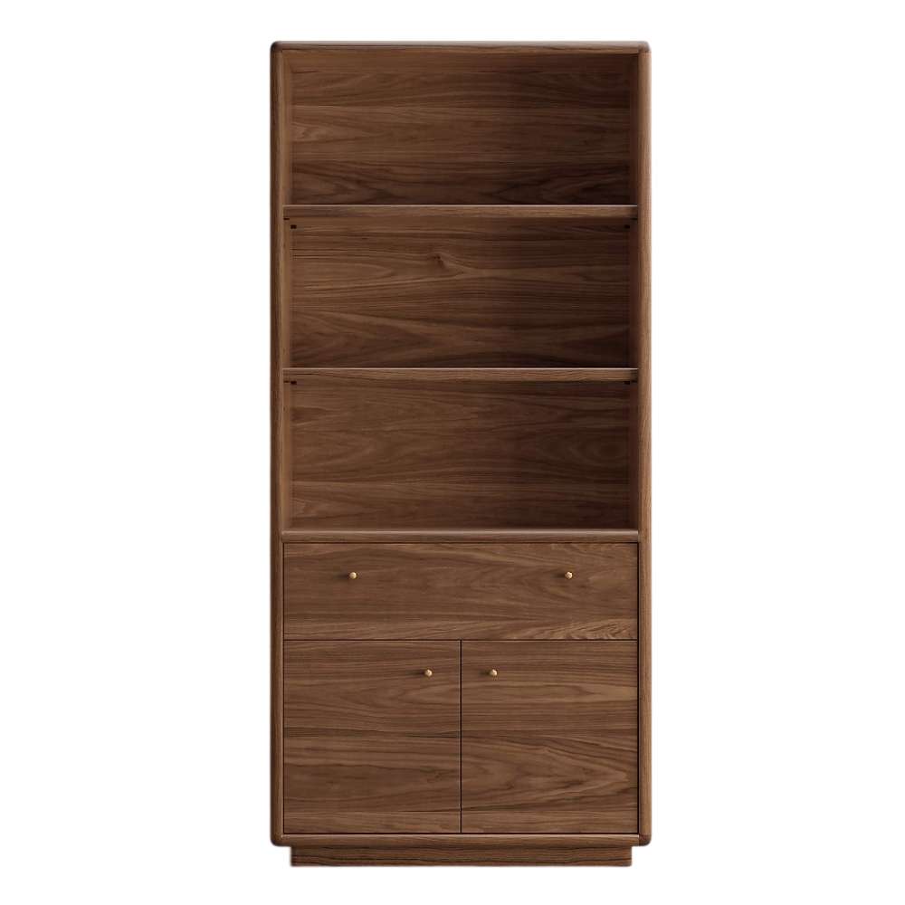 Front view of Crate & Barrel Lafayette 36" Walnut Open Storage Bookcase showcasing two open shelves, one drawer, and a two-door cabinet
