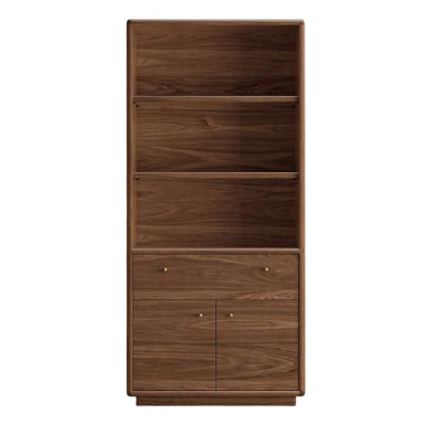 Front view of Crate & Barrel Lafayette 36" Walnut Open Storage Bookcase showcasing two open shelves, one drawer, and a two-door cabinet