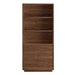 Front view of Crate & Barrel Lafayette 36" Walnut Open Storage Bookcase showcasing two open shelves, one drawer, and a two-door cabinet
