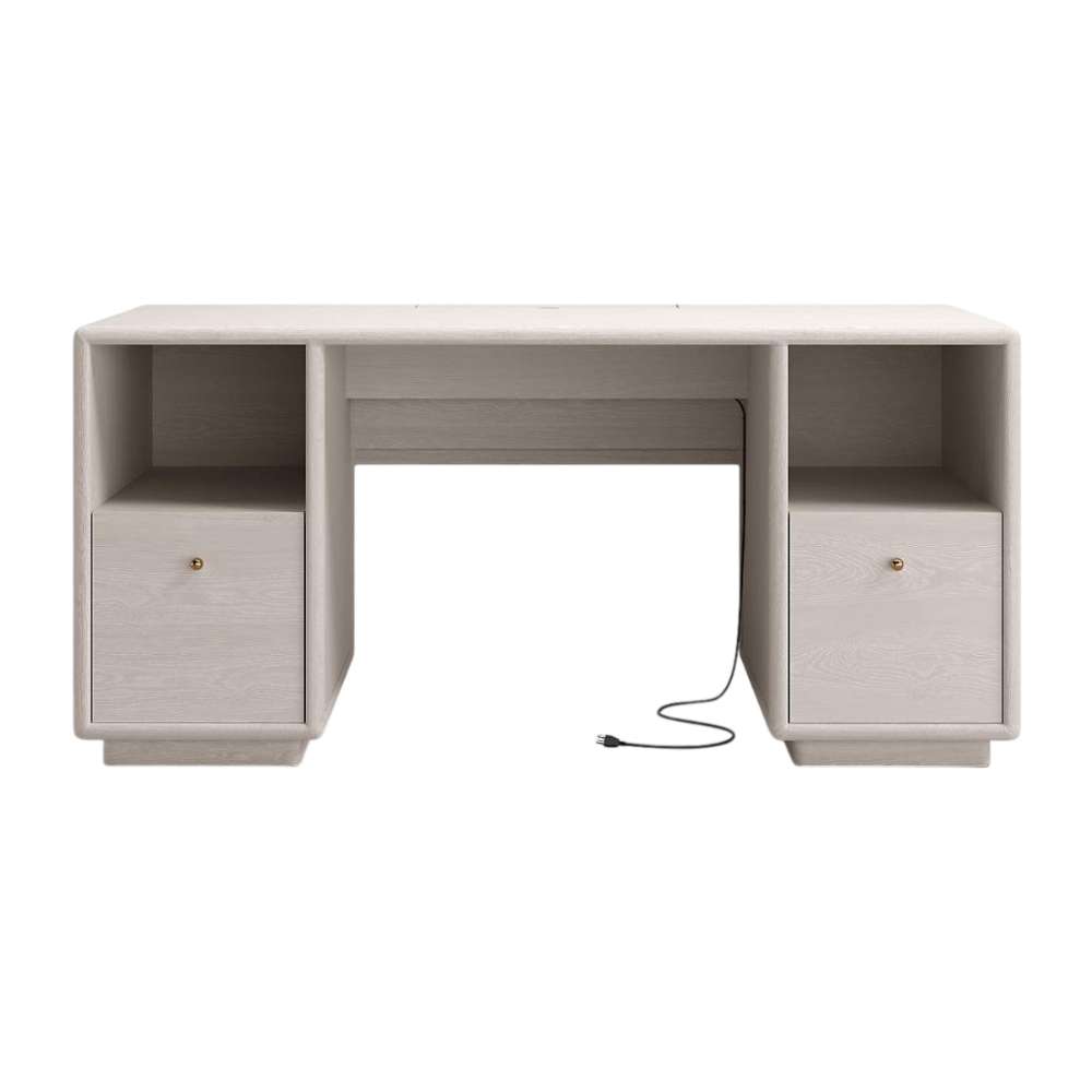 Front view of Crate & Barrel Lafayette 64" Whitewashed Desk with Outlets with two side drawers, open shelves, and a center leg space