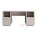 Front view of Crate & Barrel Lafayette 64" Whitewashed Desk with Outlets with two side drawers, open shelves, and a center leg space