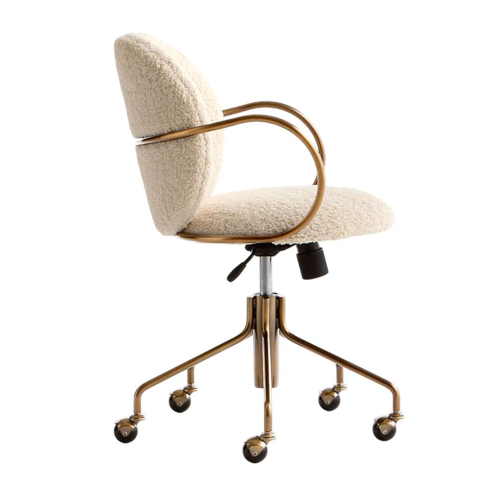 Front view of Crate & Barrel Luna Ivory Boucle Upholstered Office Chair with rounded backrest and swivel design
