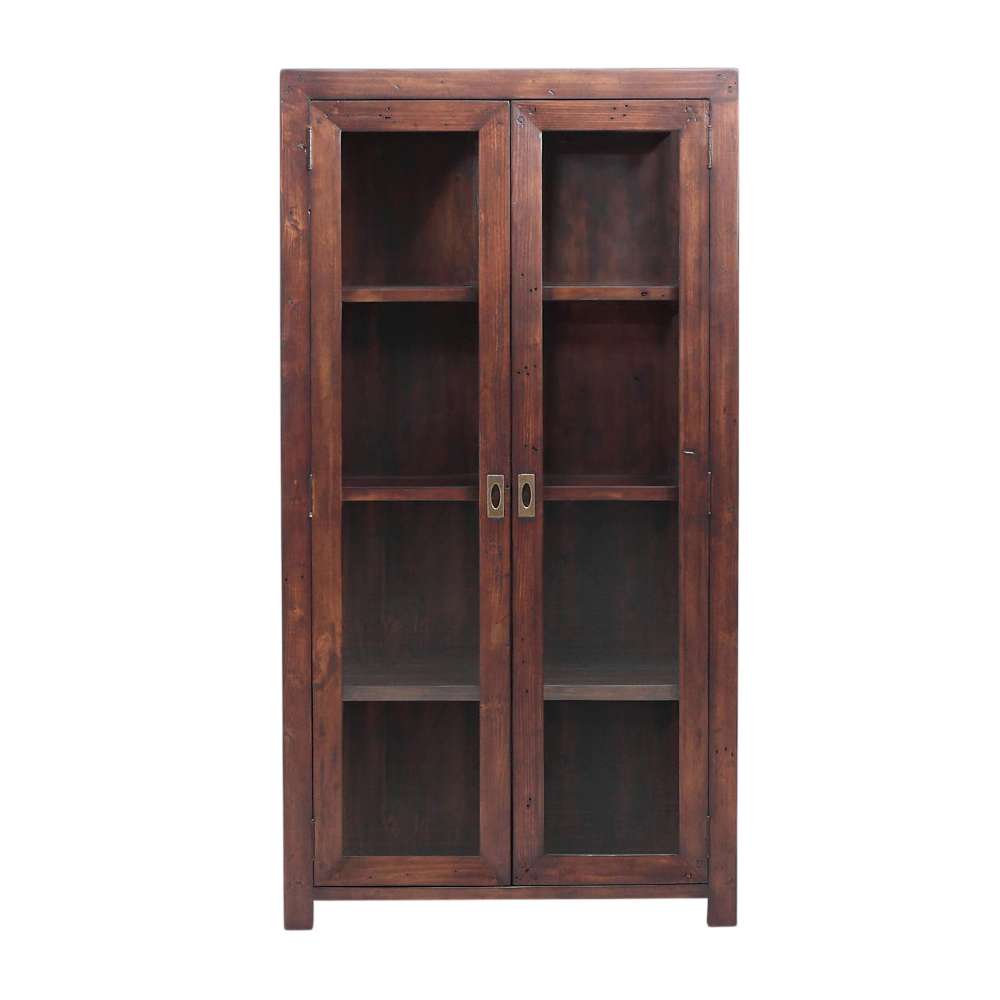 Front view of Crate & Barrel Morris 36" Chocolate Brown Wood and Glass Bookcase Cabinet featuring double glass doors