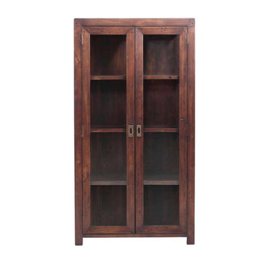 Front view of Crate & Barrel Morris 36" Chocolate Brown Wood and Glass Bookcase Cabinet featuring double glass doors