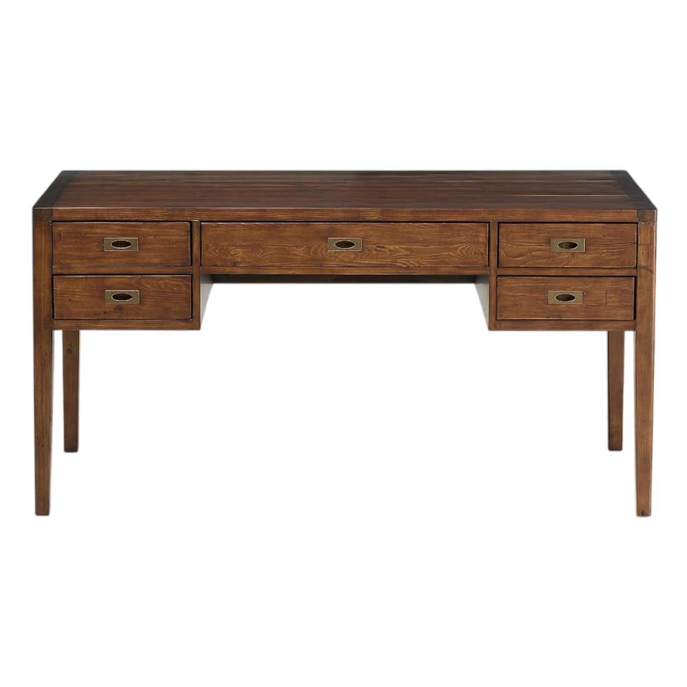 Front view of Crate & Barrel Morris 60" Chocolate Brown Writing Desk featuring five drawers, a spacious work surface, and a rich brown finish