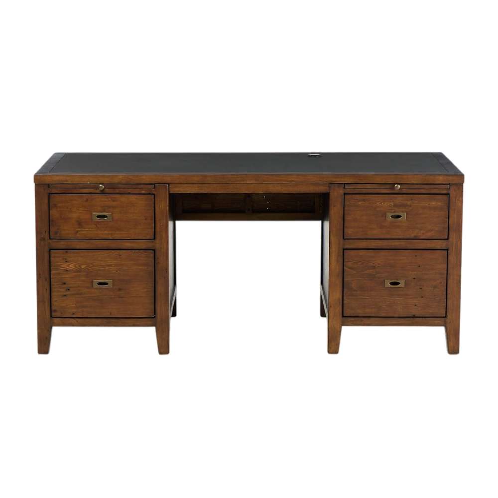 Front view of Crate & Barrel Morris 72" Chocolate Brown Writing Desk featuring two file drawers, two utility drawers, and a spacious work area