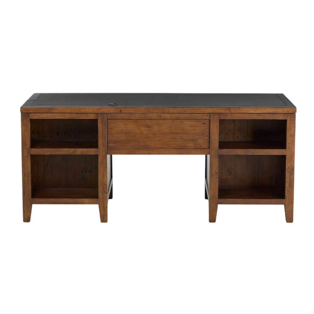 Front view of Crate & Barrel Morris 72" Chocolate Brown Writing Desk showing open storage shelves on both sides and a black inset writing surface