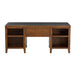 Front view of Crate & Barrel Morris 72" Chocolate Brown Writing Desk showing open storage shelves on both sides and a black inset writing surface