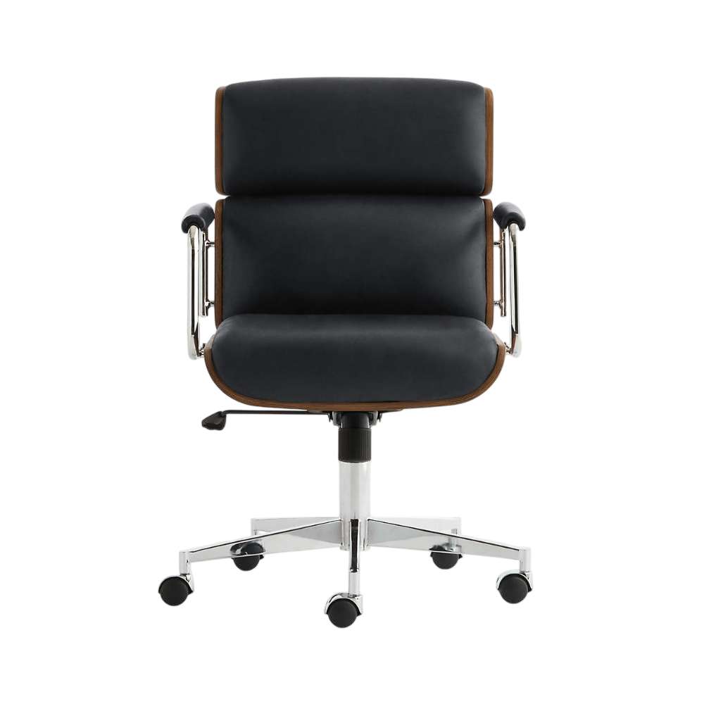 Front view of Crate & Barrel Palmer Upholstered and Wood Paneled Office Chair showcasing padded black leather cushions, chrome armrests, and caster wheels