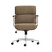 Front view of Crate & Barrel Palmer Upholstered and Wood Paneled Office Chair with a cushioned headrest, supportive backrest, and caster wheels