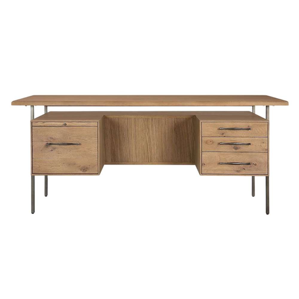 Front view of Crate & Barrel Sedgwick Solid Oak Wood Desk with Storage showcases one file drawer and three storage drawers