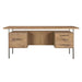 Front view of Crate & Barrel Sedgwick Solid Oak Wood Desk with Storage showcases one file drawer and three storage drawers