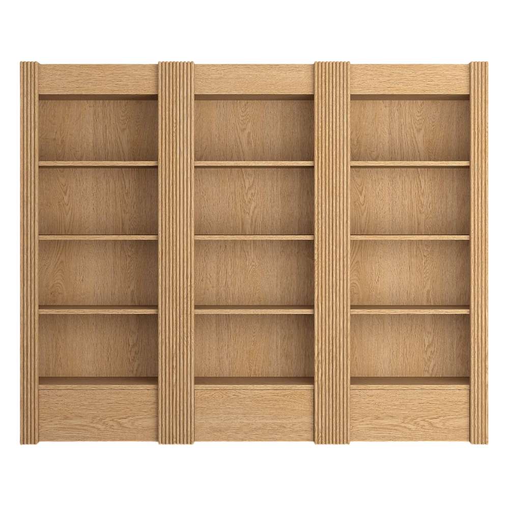 Front view of Crate & Barrel Siena 102" Natural Wood 4-Shelf Storage Bookcase with Drawer, Set of 3 with twelve open shelves and three lower storage drawers