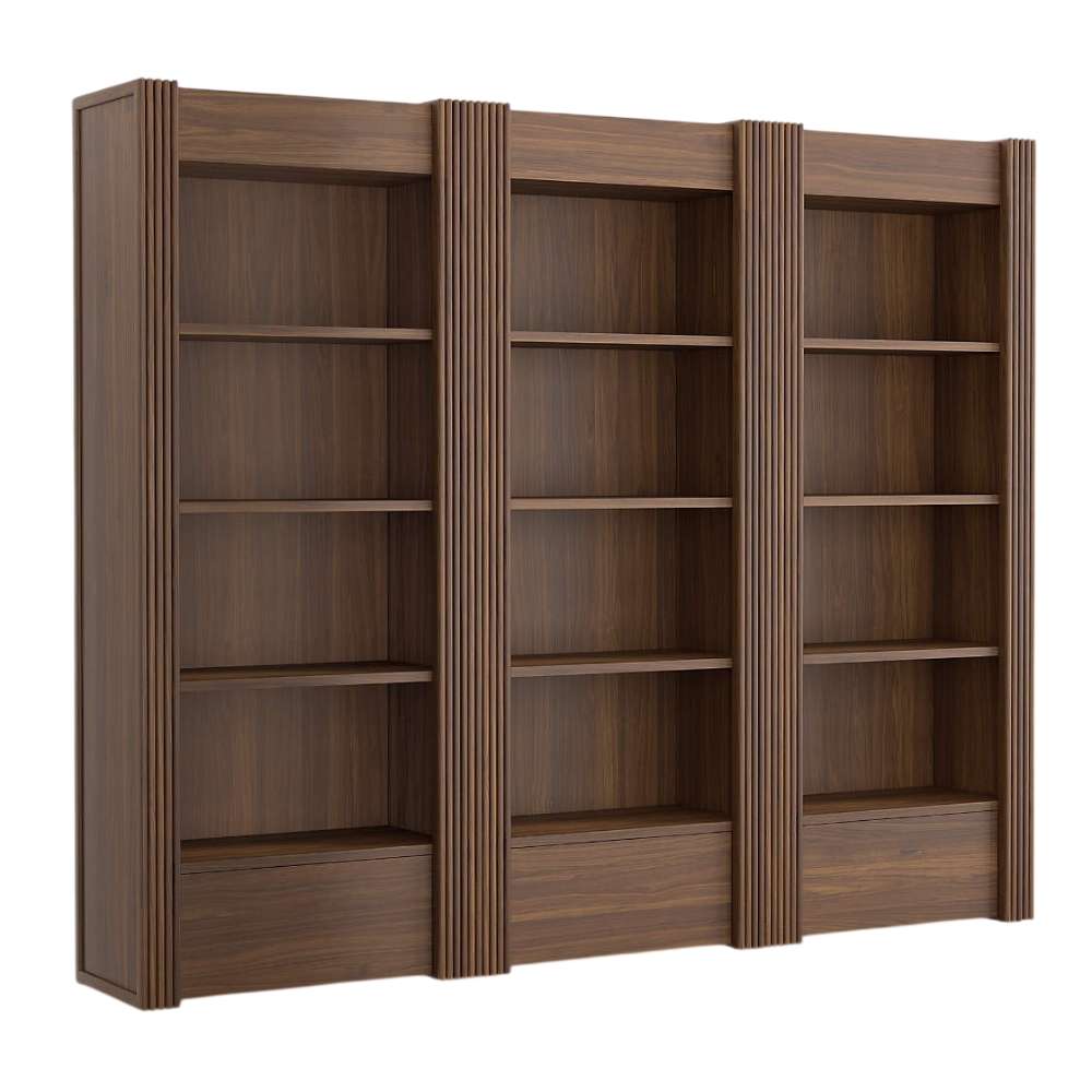 Front view of Crate & Barrel Siena 102" Walnut Wood 4-Shelf Storage Bookcase with Drawer, Set of 3 with decorative fluted sides, open shelves, and lower drawers styled with books and vases