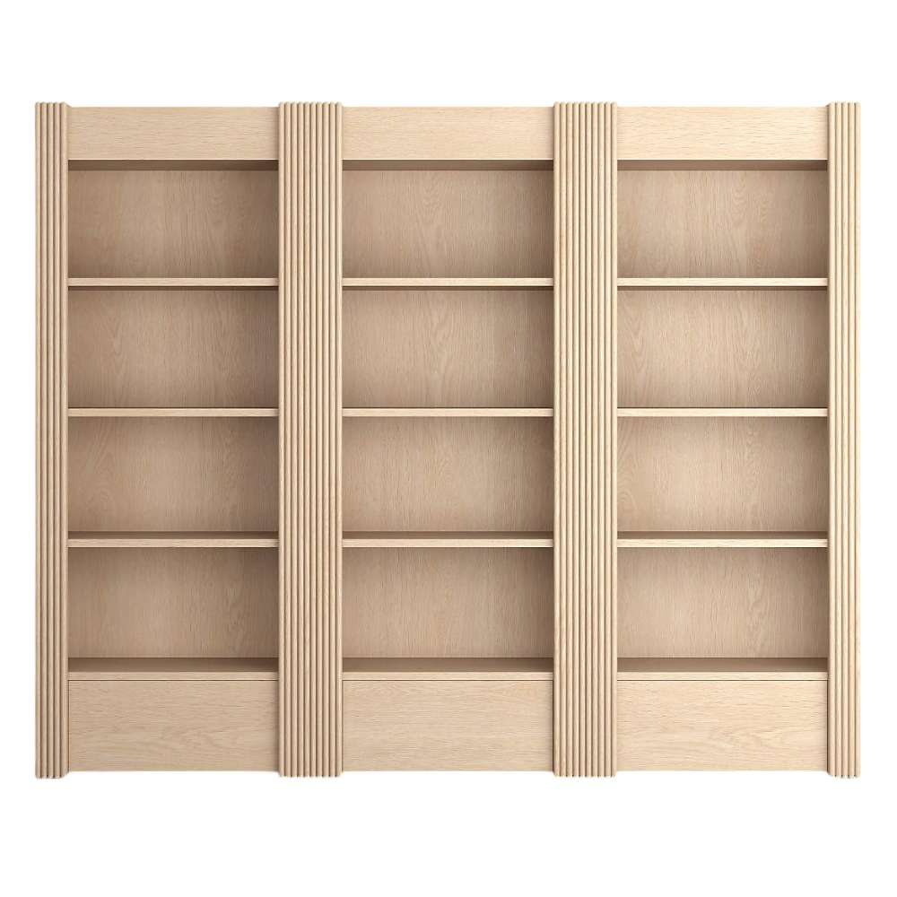 Front view of Crate & Barrel Siena 102" Whitewash Wood 4-Shelf Storage Bookcase with Drawer, Set of 3 with twelve open shelves and three built-in bottom drawers