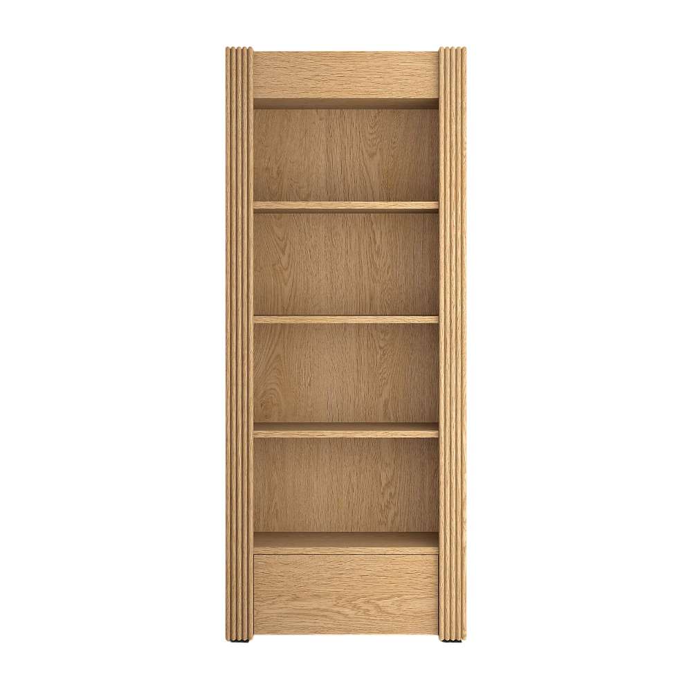 Front view of Crate & Barrel Siena 34" Natural Wood 4-Shelf Storage Bookcase with Drawer with four shelves and a lower storage drawer
