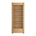 Front view of Crate & Barrel Siena 34" Natural Wood 4-Shelf Storage Bookcase with Drawer with four shelves and a lower storage drawer