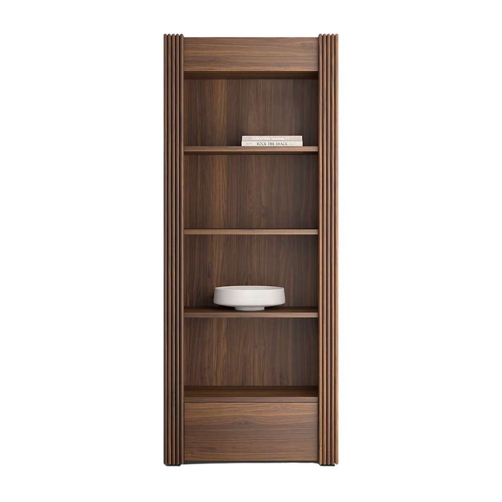 Front view of Crate & Barrel Siena 34" Walnut Wood 4-Shelf Storage Bookcase with Drawer styled with decorative bowls and books