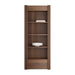 Front view of Crate & Barrel Siena 34" Walnut Wood 4-Shelf Storage Bookcase with Drawer styled with decorative bowls and books