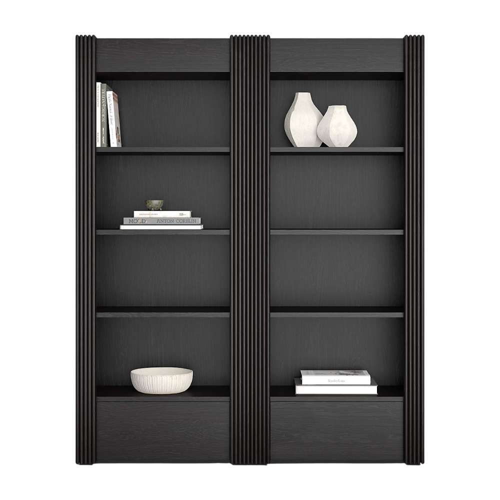 Front view of Crate & Barrel Siena 68" Black Wood 4-Shelf Storage Bookcase with Drawer, Set of 2 styled with books vases and decorative accents