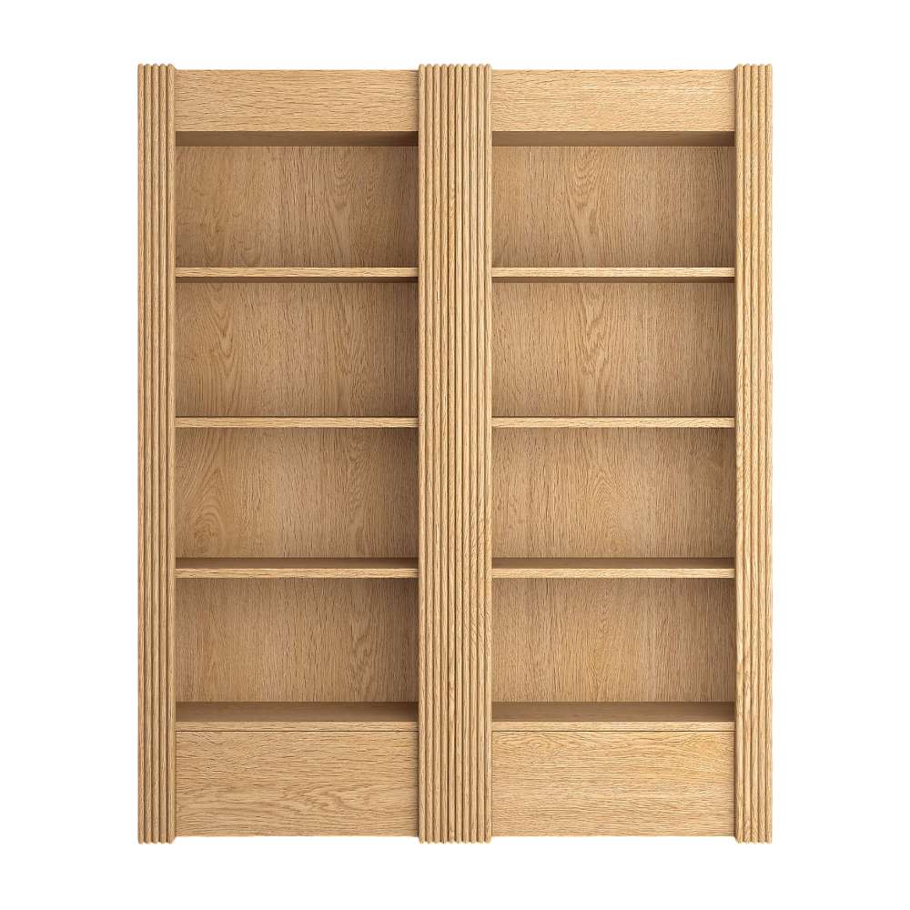 Front view of Crate & Barrel Siena 68" Natural Wood 4-Shelf Storage Bookcase with Drawer, Set of 2 featuring eight open shelves and two storage drawers