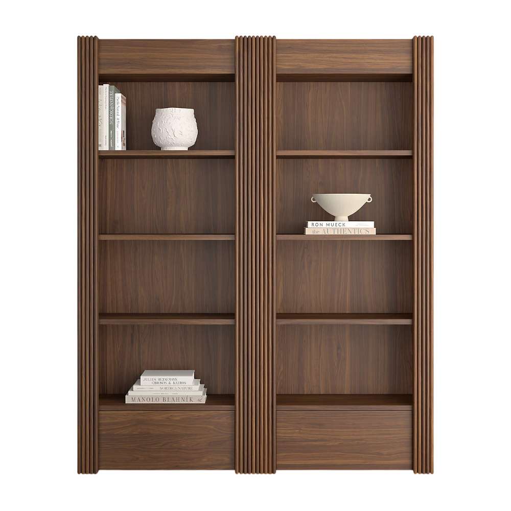 Front view of Crate & Barrel Siena 68" Walnut Wood 4-Shelf Storage Bookcase with Drawer, Set of 2 styled with books and decorative accents on eight open shelves