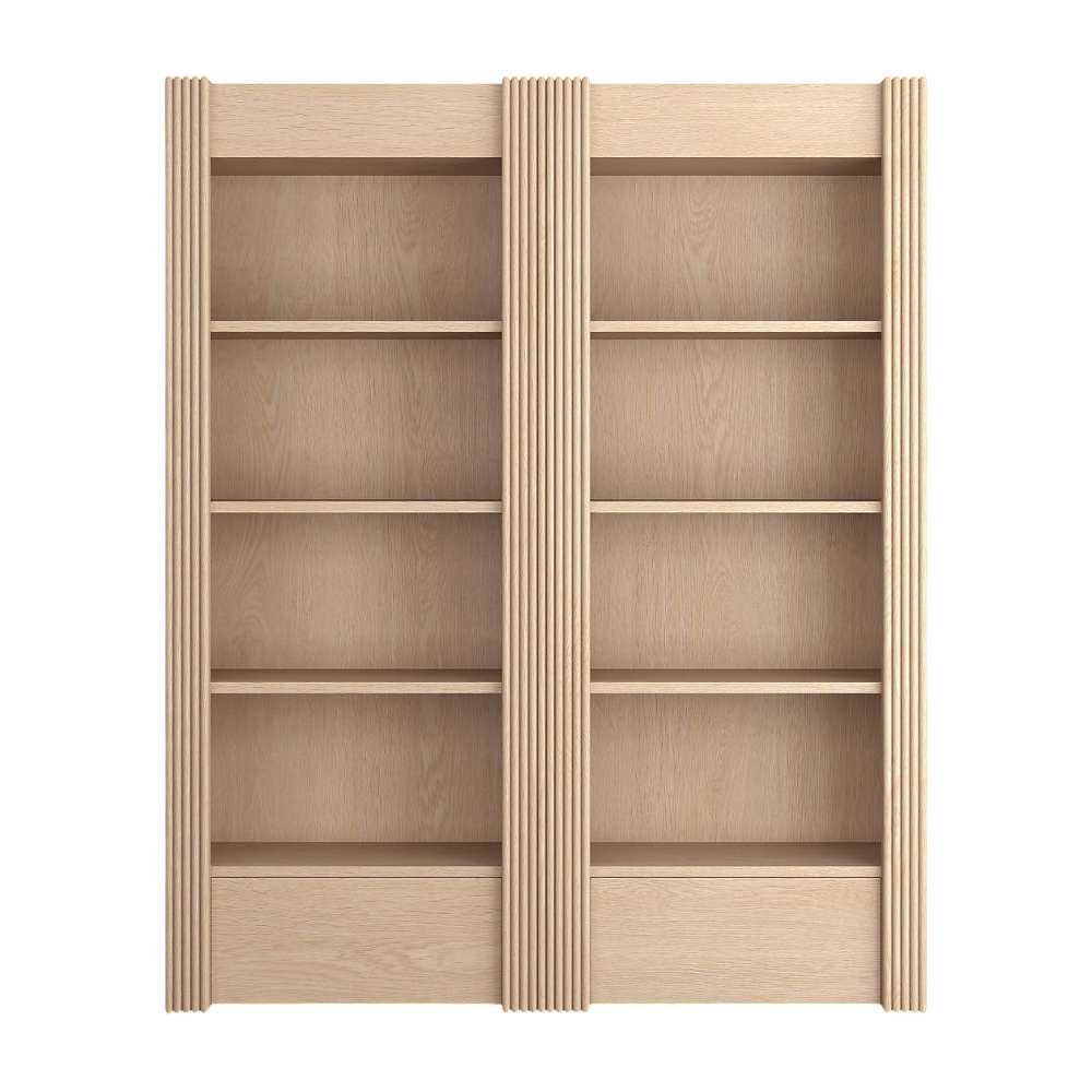 Front view of Crate & Barrel Siena 68" Whitewash Wood 4-Shelf Storage Bookcase with Drawer, Set of 2 showcasing a clean whitewash finish and fluted wood details