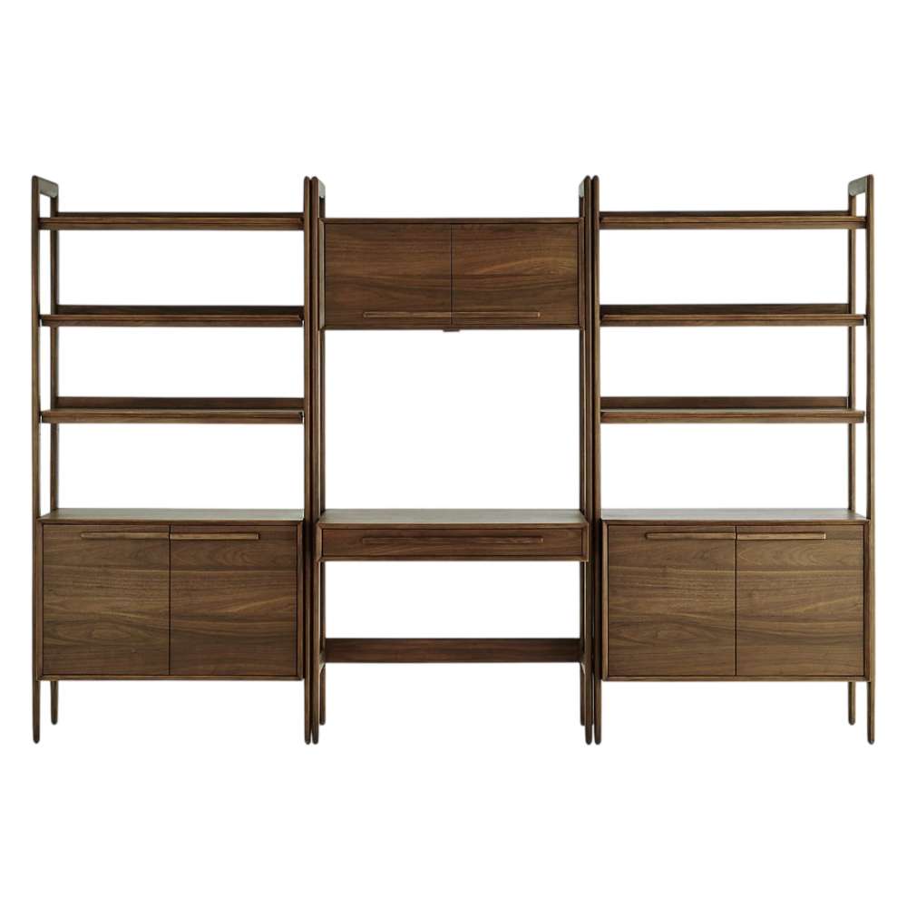 Front view of Crate & Barrel Tate 108" Walnut Bookcase Desk with Outlet Set, featuring open shelves, lower cabinets, an upper storage cabinet, and a central desk