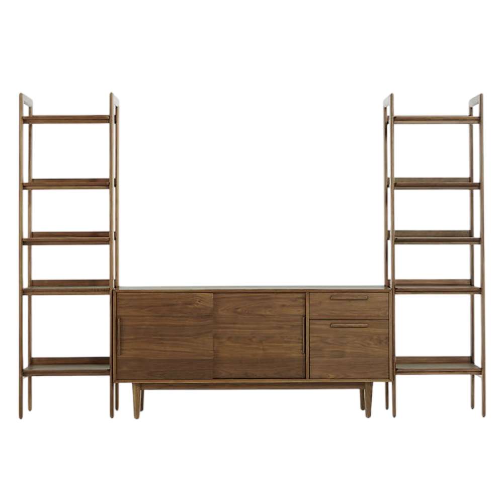 Front view of Crate & Barrel Tate 108.5" Walnut Storage Media Console and Bookshelf Set featuring walnut shelving, sliding doors, and built-in file storage