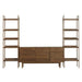 Front view of Crate & Barrel Tate 108.5" Walnut Storage Media Console and Bookshelf Set featuring walnut shelving, sliding doors, and built-in file storage