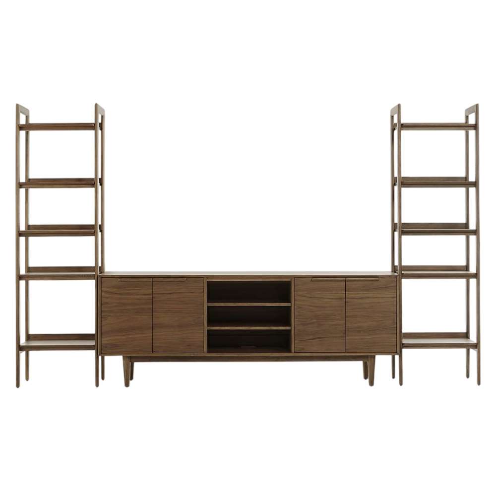Front view of Crate & Barrel Tate 124" Walnut Storage Media Console and Bookshelf Set featuring open shelving, cabinet storage, and center media shelves