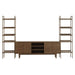Front view of Crate & Barrel Tate 124" Walnut Storage Media Console and Bookshelf Set featuring open shelving, cabinet storage, and center media shelves