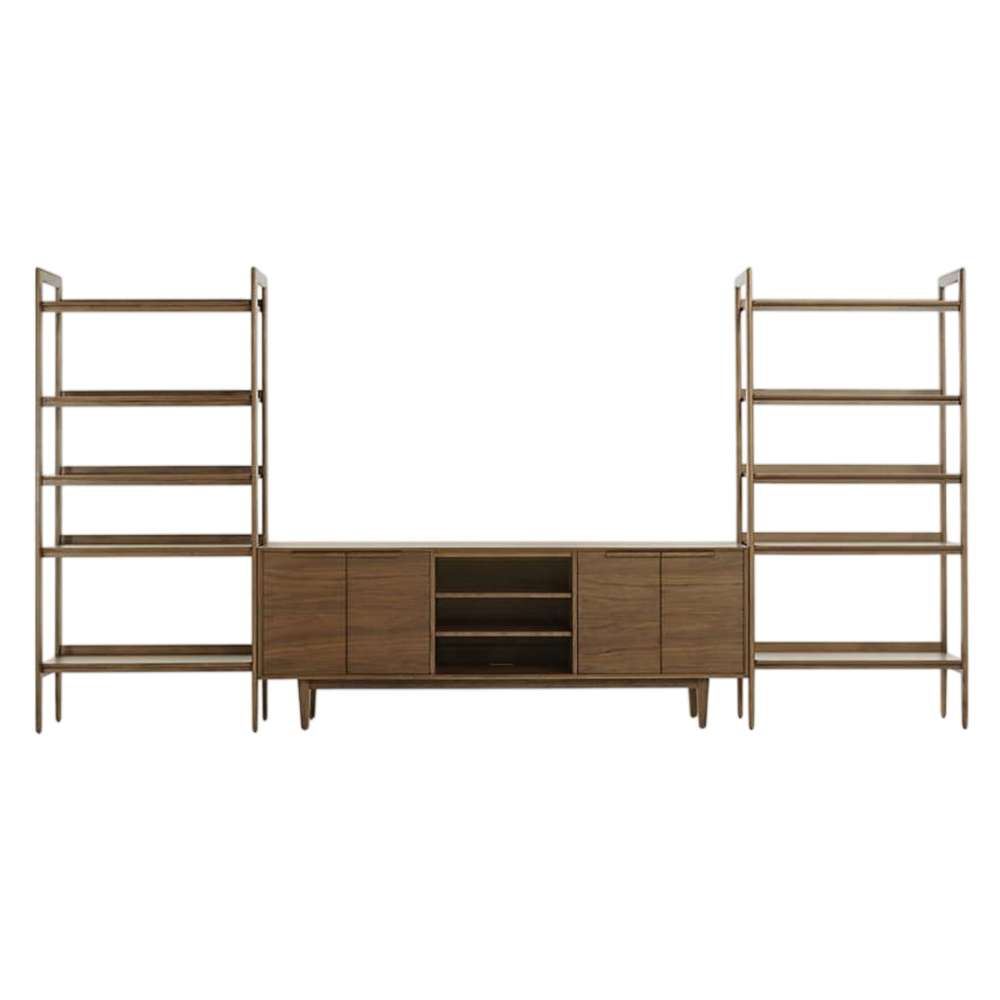 Front view of Crate & Barrel Tate 124" Walnut Storage Media Console and Bookshelf Set with open bookcases on both sides and a media console with cabinet storage
