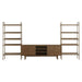 Front view of Crate & Barrel Tate 124" Walnut Storage Media Console and Bookshelf Set with open bookcases on both sides and a media console with cabinet storage