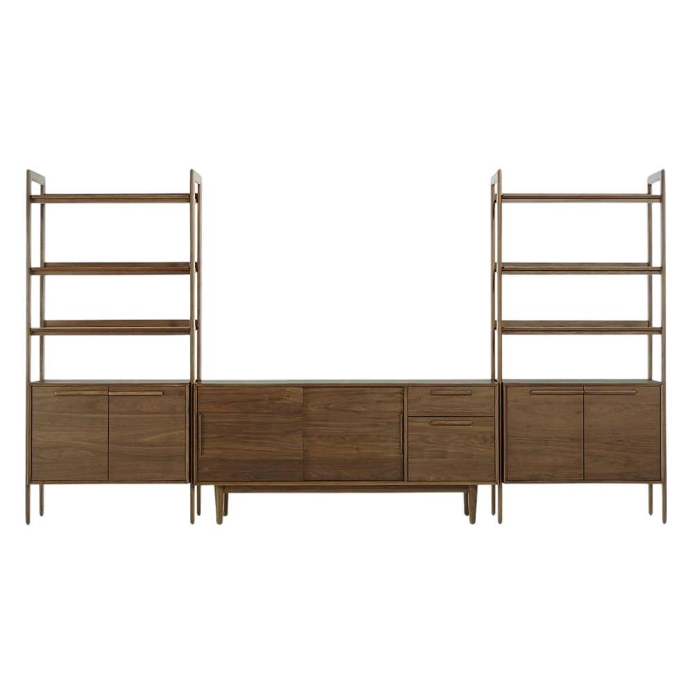 Front view of Crate & Barrel Tate 136.5" Walnut Storage Media Console and Bookcase Set featuring open shelves, storage cabinets, sliding doors, and file drawers