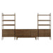 Front view of Crate & Barrel Tate 136.5" Walnut Storage Media Console and Bookcase Set featuring open shelves, storage cabinets, sliding doors, and file drawers