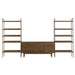 Front view of Crate & Barrel Tate 136.5" Walnut Storage Media Console and Bookshelf Set featuring open shelving, sliding doors, and file storage