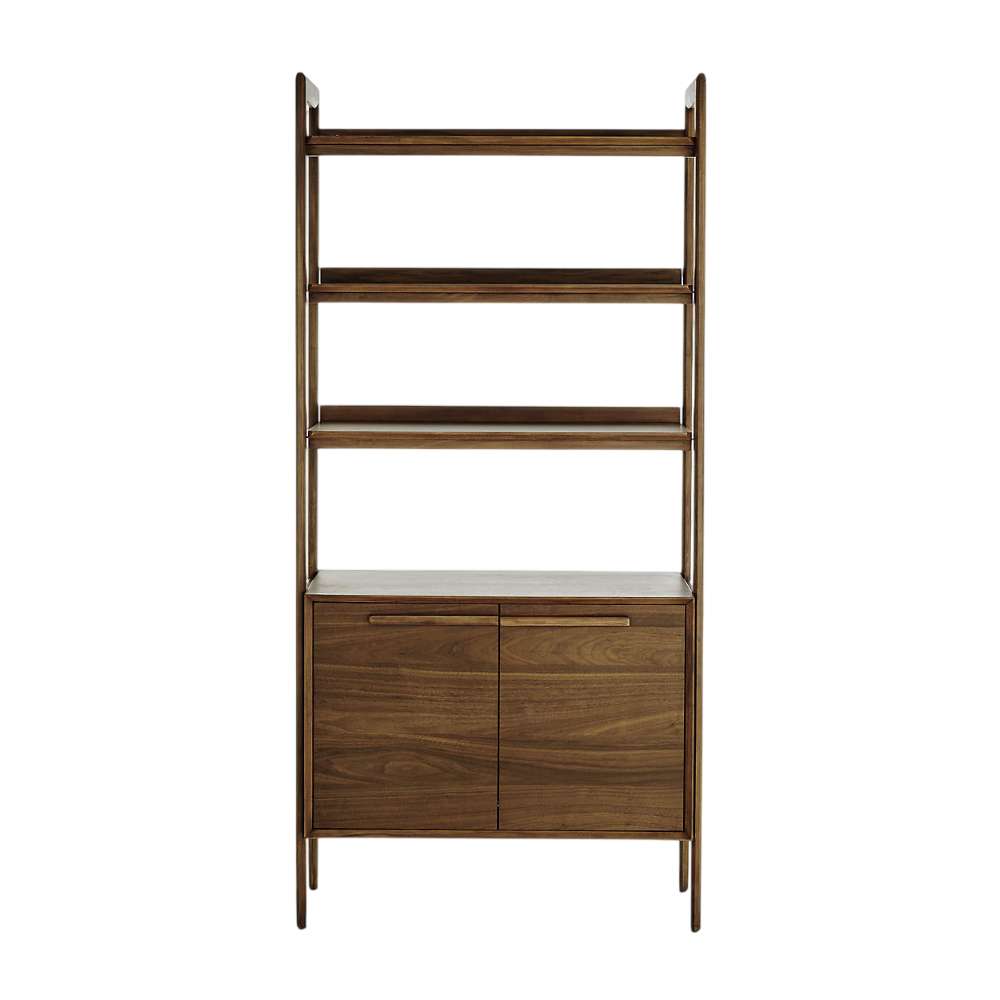 Front view of Crate & Barrel Tate 36" Walnut Wood 3-Shelf Storage Bookcase Cabinet showing its clean-lined design, open shelves, and double-door cabinet