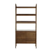 Front view of Crate & Barrel Tate 36" Walnut Wood 3-Shelf Storage Bookcase Cabinet showing its clean-lined design, open shelves, and double-door cabinet