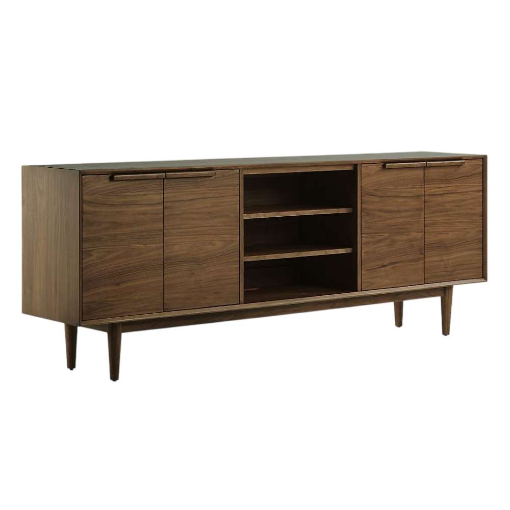 Front view of Crate & Barrel Tate 80" Walnut Storage Media Console featuring open center shelves and four cabinet doors