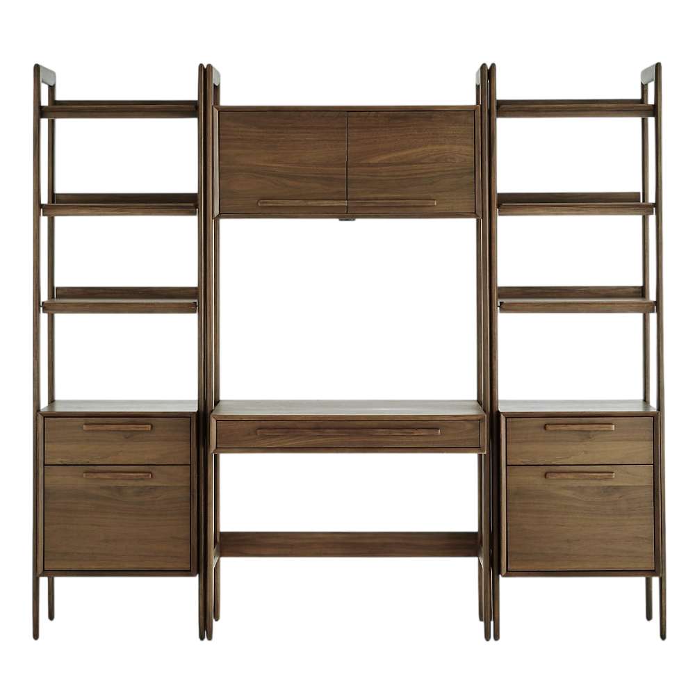 Front view of Crate & Barrel Tate Walnut Bookcase Desk with Outlet with 2 Bookcase File Cabinets highlighting symmetrical shelving, storage cabinets, and a spacious work surface