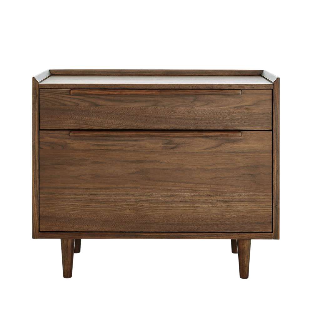 Front view of Crate & Barrel Tate Walnut Lateral File Cabinet showcasing its clean lines, rich walnut finish, and two-drawer design
