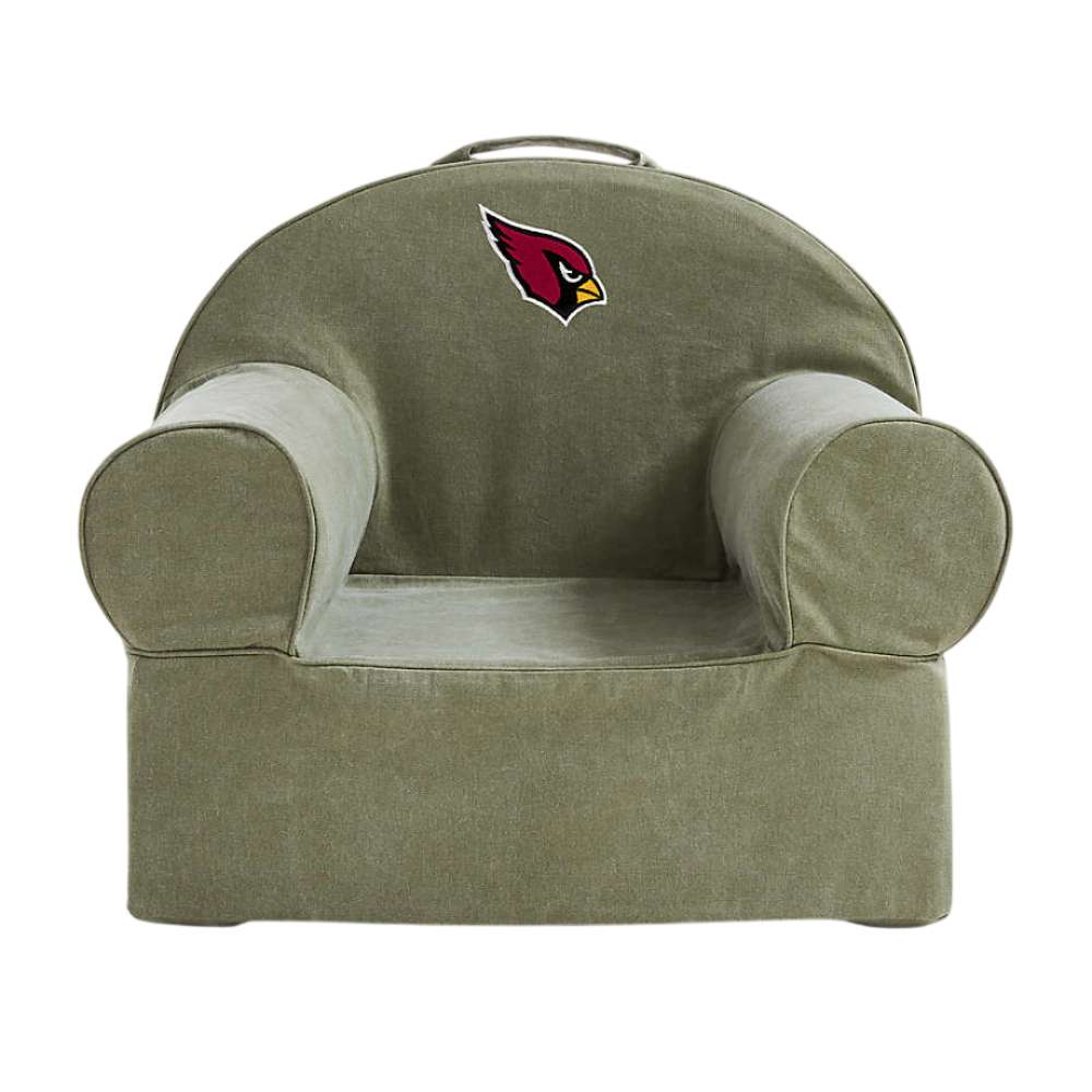 Front view of Cyprus Green Crate & Barrel Organic Cotton Kids Lounge Nod Chair with rounded armrests, a carry handle, and an Arizona Cardinals logo