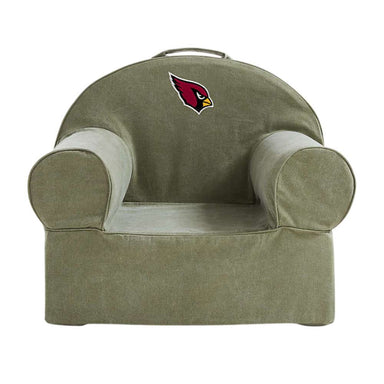 Front view of Cyprus Green Crate & Barrel Organic Cotton Kids Lounge Nod Chair with rounded armrests, a carry handle, and an Arizona Cardinals logo