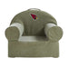 Front view of Cyprus Green Crate & Barrel Organic Cotton Kids Lounge Nod Chair with rounded armrests, a carry handle, and an Arizona Cardinals logo