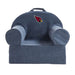 Front view of Deep Indigo Crate & Barrel Organic Cotton Kids Lounge Nod Chair featuring rounded armrests, a carry handle, and an Arizona Cardinals logo