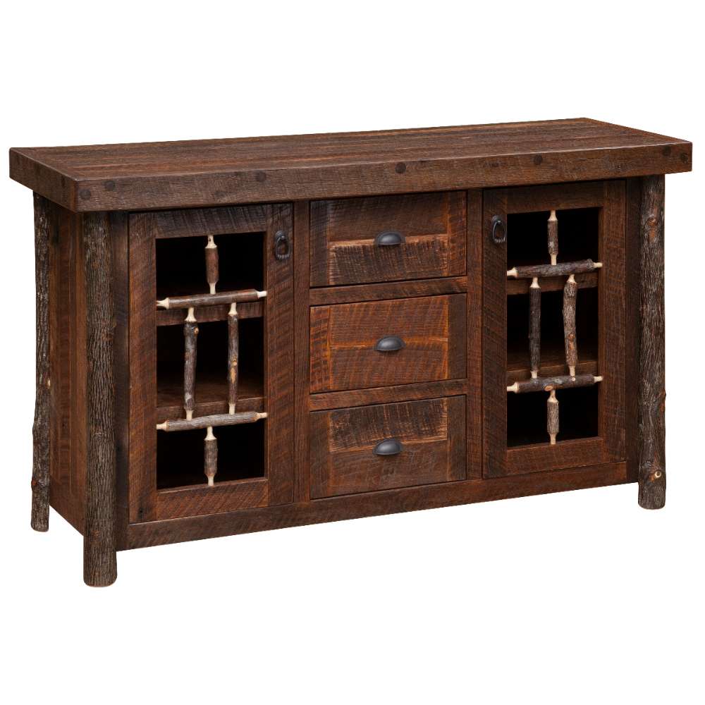Front view of Fireside Lodge Appalachian Windowpane Sideboard, a rustic wood cabinet with three center drawers, windowpane-style doors, and log-style legs